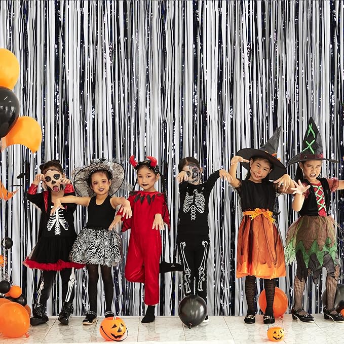 Foil Fringe Curtains Halloween Decor Party Decorations - Melsan 3 Pack 3.2 x 8.2 ft Tinsel Curtain Party Photo Backdrop for Birthday Party Baby Shower or Graduation Decorations (Pure Black)