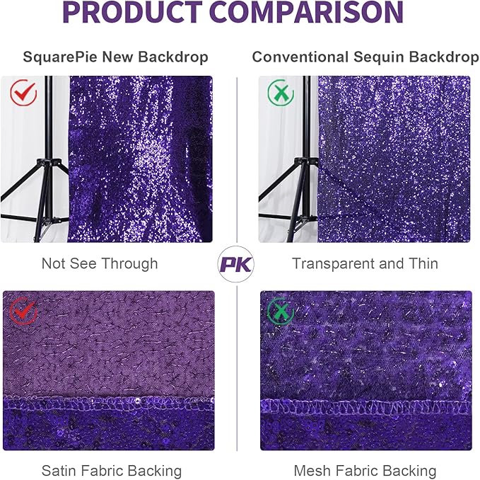 SquarePie Sequin Backdrop Less Transparent Background Sparkly Curtain for Wedding Halloween Party 10FT x 10FT Purple