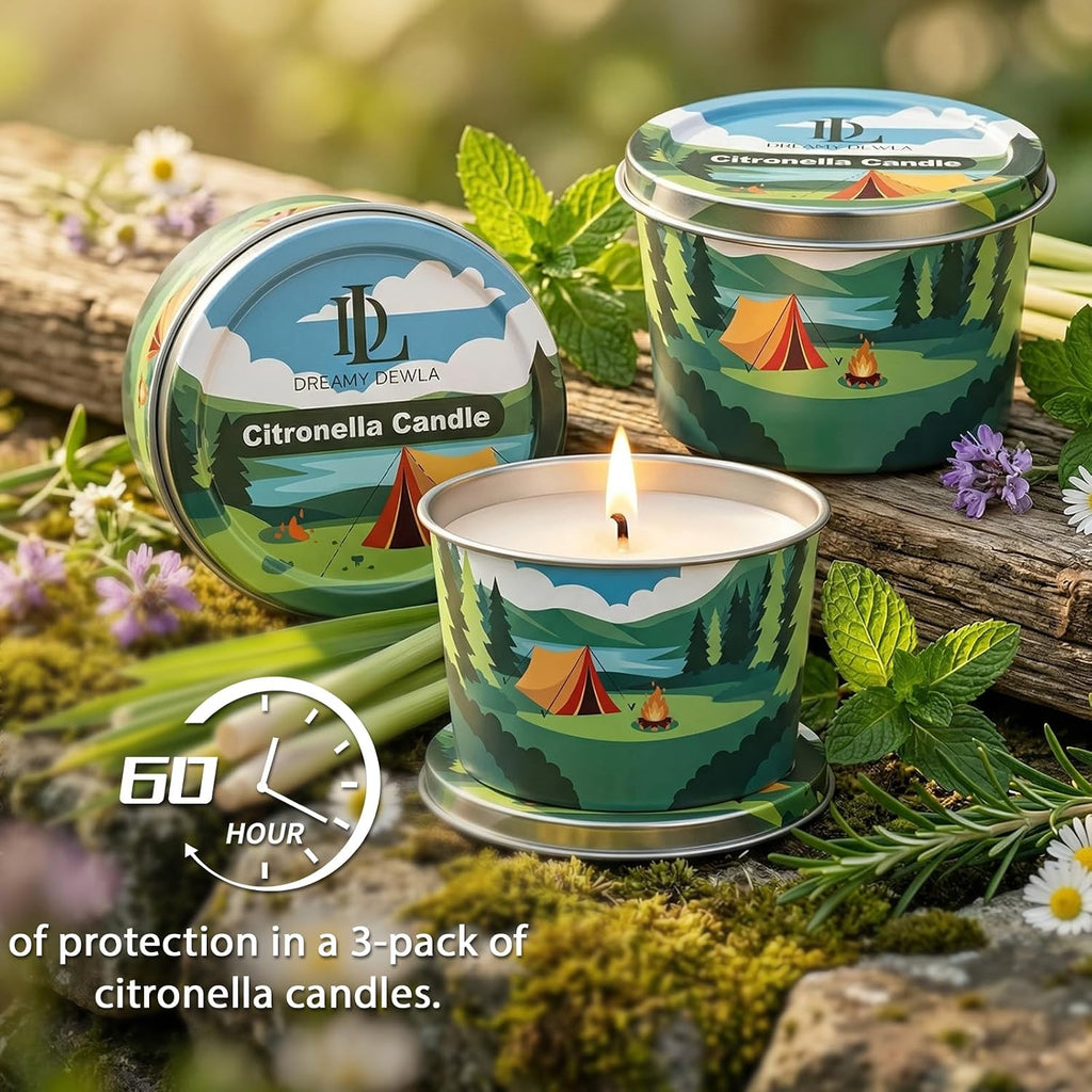 Citronella Candle for Outdoor 3 Pack, 2.2oz Mini Citronella Scented Candles for Outdoor Camping, Natural Soy Wax with Essential Oils, Portable Tin for Patio Backyard Hiking