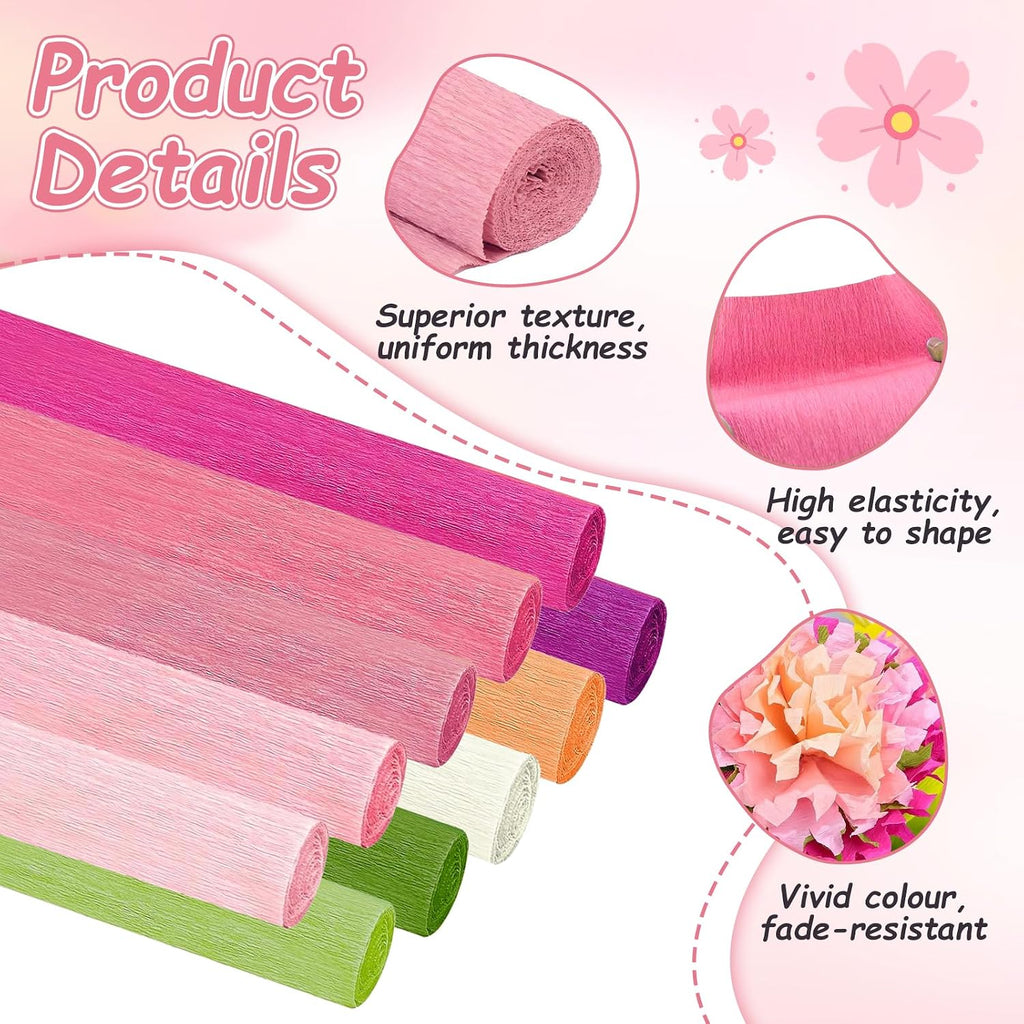 Crepe Paper Streamers 10 Rolls，10 * 98in Pastel Crepe Paper Sheets Kit for DIY Gift Colourful Paper Flower with 100 Pcs Flower Stalk，Gardening Tape，Scissors，Double-Sided Tape and Glue Sticks (Pink)
