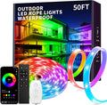 KSIPZE 50ft Outdoor led Strip Lights Waterproof IP68, RGB Outdoor led Lights with Button & Bluetooth App Control, Music Sync, Timer, Exterior Led Rope Lights for Decor Balcony, Roof, Garden, Pool