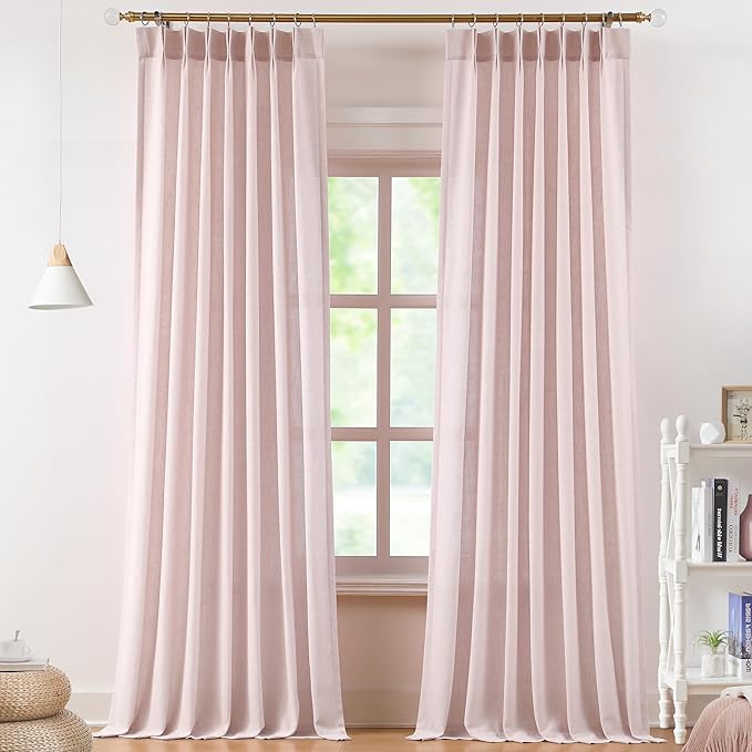 Vision Home Soft Pink Pinch Pleated Semi Sheer Curtains Textured Linen Blended Light Filtering Window Curtains 108 inch for Living Room Bedroom Pinch Pleat Drapes with Hooks 2 Panels 9ft 40" Wx108 L