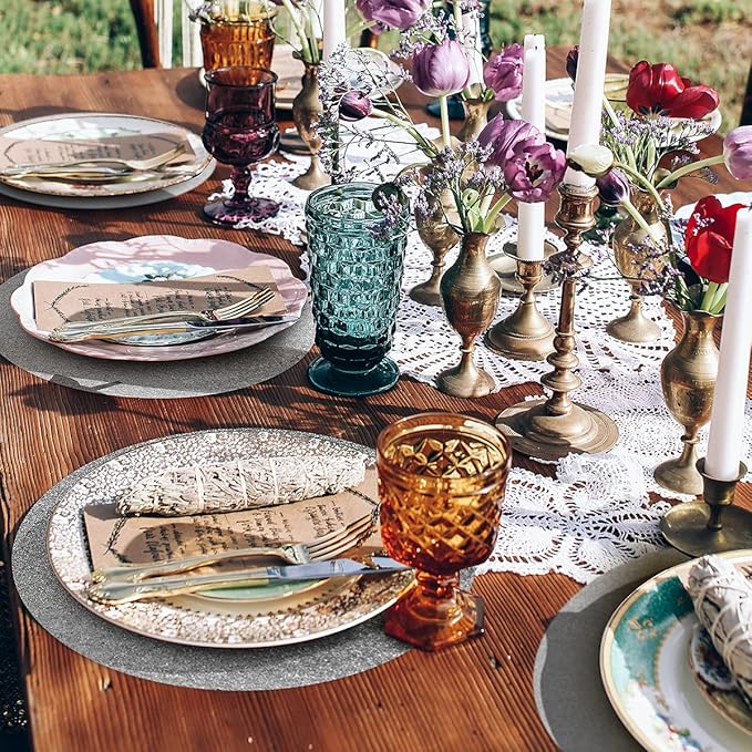 50 Pieces Silver Glitter Paper Place Mats Sparkle 14'' Round Disposable Table Mats Silver Sequin Doilies Decorative Placemats for Wedding Banquet Party Home Dining Tableware