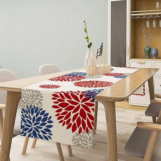 4th of July Table Runner, Blue Red Dahlia Flower American Patriotic Memorial Day Table Runner for Farmhouse Kitchen Dining Table Party Decor, 13x36inch