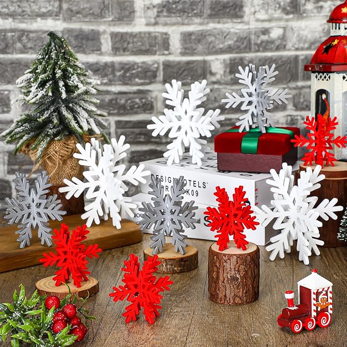 Qunclay 20 Pcs Wooden Snowflake Decorations 3D Snowflake Tabletop Decor Christmas Signs and Centerpiece for Winter Wonderland Decorations Xmas Tiered Tray Decor(Red, Gray, White)