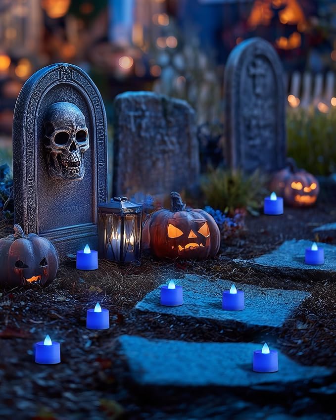 Amagic 24 Pack Blue LED Tea Lights, Flameless Votive Candles, Electric Fake Colored Candles, Battery Operated Tealights Candles for Halloween, Christmas, Home Decor, Wedding Table Centerpiece, Party