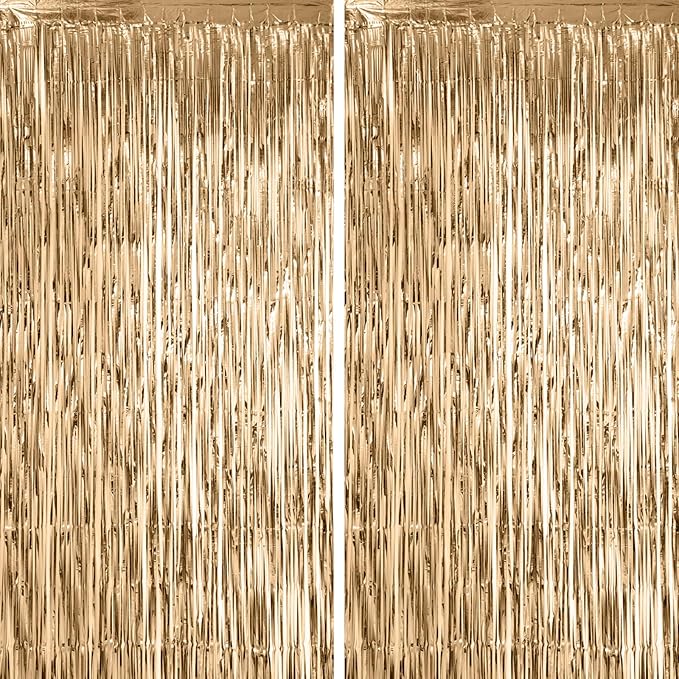 2 Pack Champagne Foil Fringe Backdrop Curtains, Tinsel Streamers Birthday Party Decorations, Fringe Backdrop for Anniversary, New Years, Birthday Party