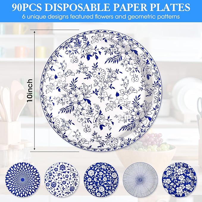 90 Pcs Paper Plates 10 Inch Bulk Thick Heavy Duty Disposable Plates Printed Blue and White Plate for Party, Wedding, Birthday, Tea, Picnic Barbecue, Everyday Use, Soak Proof, Cut Proof