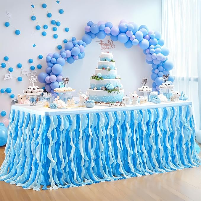 Partisky Ocean Blue Tulle Tutu Ruffle Curly Willow Table Skirt for Rectangle Table 14ft,Under The Sea Baby Shark Themed Table Cloth for Boys Girls Birthday Party or Baby Shower