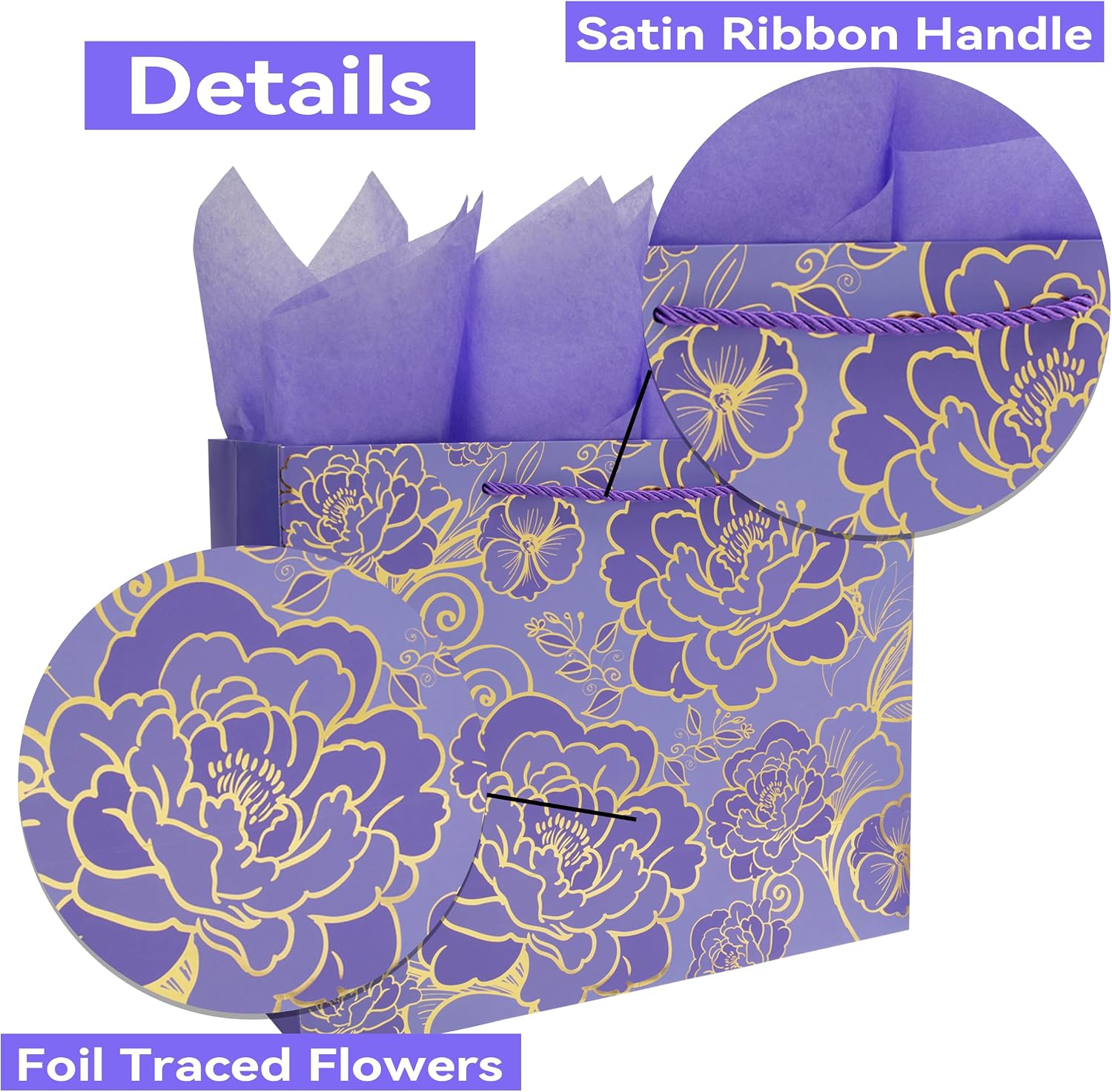 Qirrmiy 13" Large Rose Purple Gift Bag Set with Greeting Card and Tissue Paper for Women or Girls for Celebrating Birthdays, Mother's Day, Valentine's Day, Weddings, Anniversaries