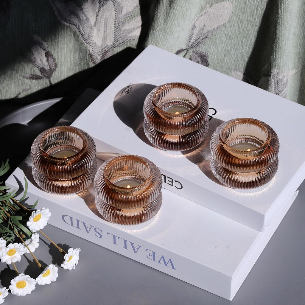 Woho Ribbed Votive Candle Holders Set of 6 for Wedding Table, Amber Tealight Candle Holder Glass for Home Decor, Vintage Tea Lights Candle Holder for Thanksgiving/Fall Decor(Brown, 2.1" H X 2.75" D)