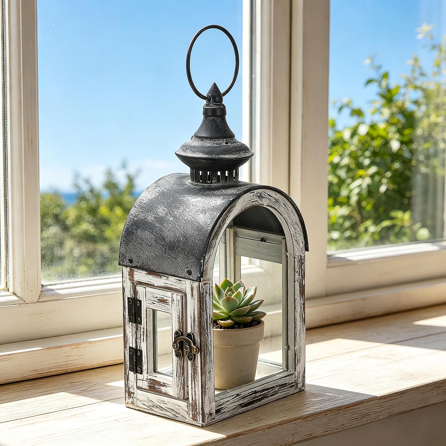 12" High Wooden Dome Lantern Made of Solid Fir Wood and Real Glass in Whitewash Finish with Grey Metal Top, Hurricane Lantern, Farmhouse Lantern (Whitewash, 6"x4.4")