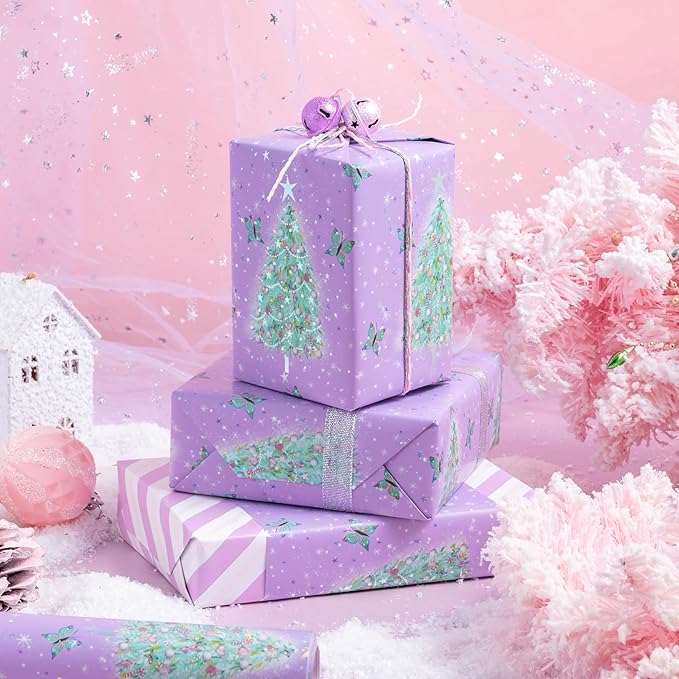LeZakaa Christmas Purple Wrapping Paper Mini Roll, Christmas Tree Butterfly, Pink Purple Stripe Reversible Design for Winter Holiday Family Gathering, 17 inches x 32.8 Feet
