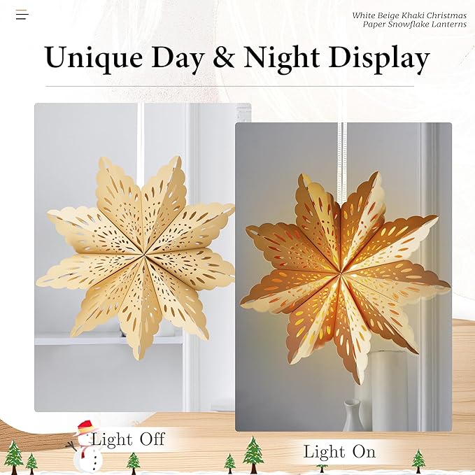 5Pcs Christmas Paper Snowflake Lanterns, Large Christmas Paper Star Lanterns with LED Lights White Beige Khaki Hanging Snowflake Lamps for Xmas Winter Frozen Wedding Birthday Holiday Party Decorations