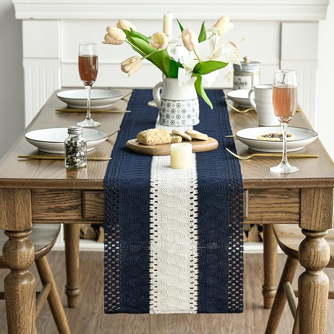 Artoid Mode Dark Blue Farmhouse Rustic Table Runner, Seasonal Hollow Kitchen Dining Table Decoration for Home Party Decor 12x36 Inch