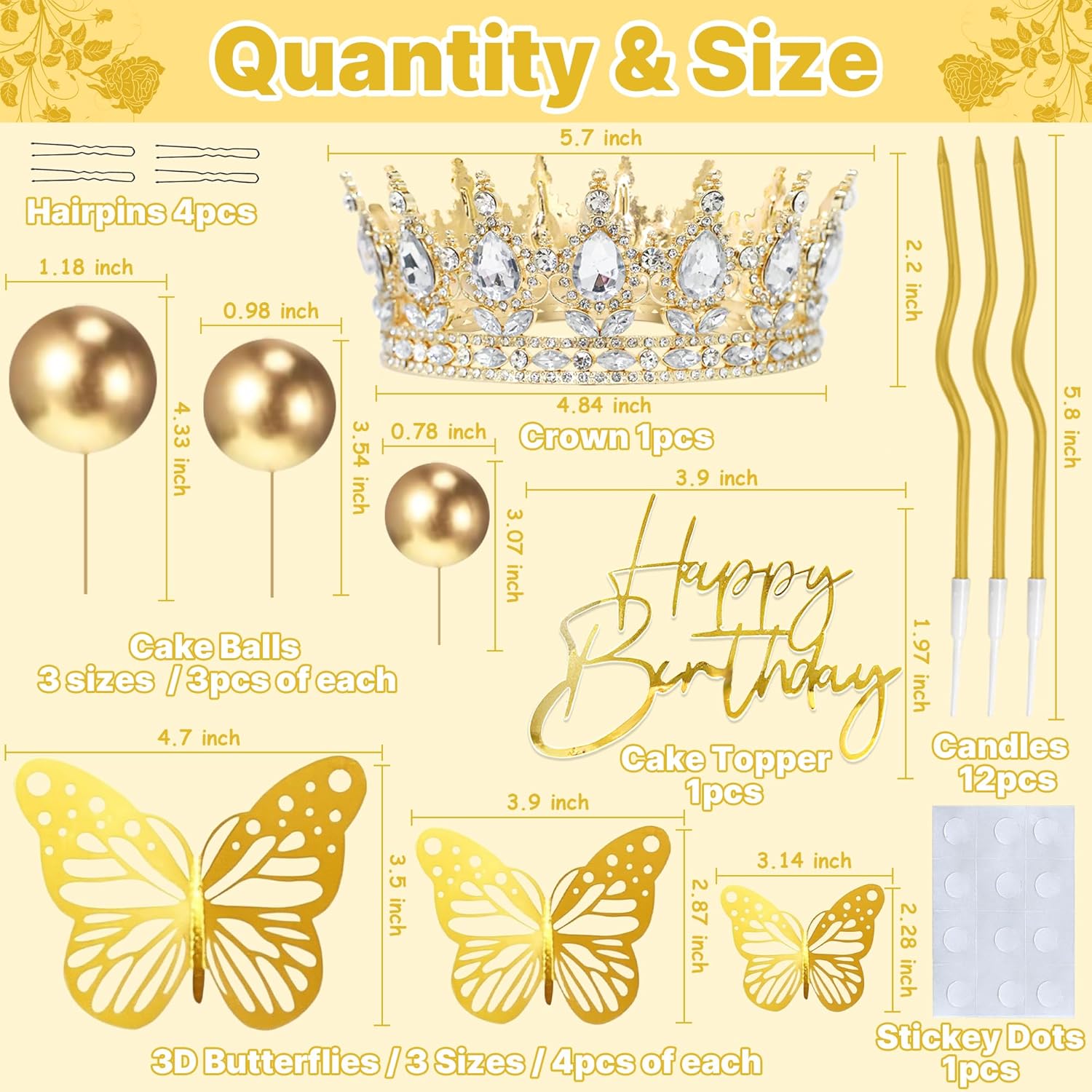 Crown Happy Birthday Cake Topper Candles Butterfly Balls Decoration | Corona Para Pastel, Cake Decorations for Women Princess Queen Wedding Pageant Graduation Prom Costume Party (Gold, White)