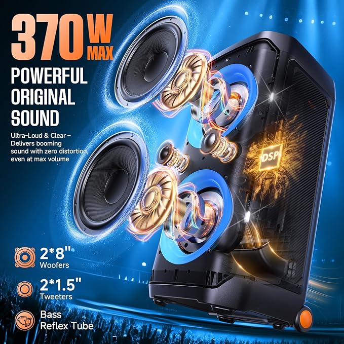 W-KING Portable Speaker Bluetooth Partybox Loud, 370W MAX Pro Sound, Deepest Bass,Large Outdoor Boom Box Wireless,Telescopic Handle&Sturdy Wheels, 25H, Futuristic Light,CSB,MIC&Guitar in,Fast Charge