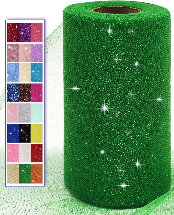 Glitter Tulle Fabric Rolls, 6 Inch 50 Yards (150ft) Sparkling Spool Ribbon Sequin Netting for Tutu Skirt Gift Wrapping Wedding Party Decoration (Emerald Green)