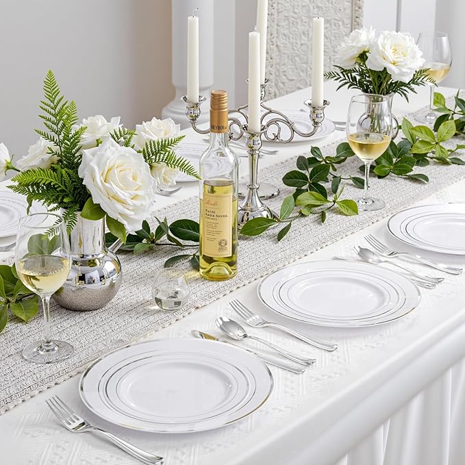 350 Pcs Silver Plastic Plates - Silver Dinnerware Set of 50 Dinner Plates 50 Dessert Plate 50 Silverware 50 Napkins 50 Cups for Christmas Party&Wedding