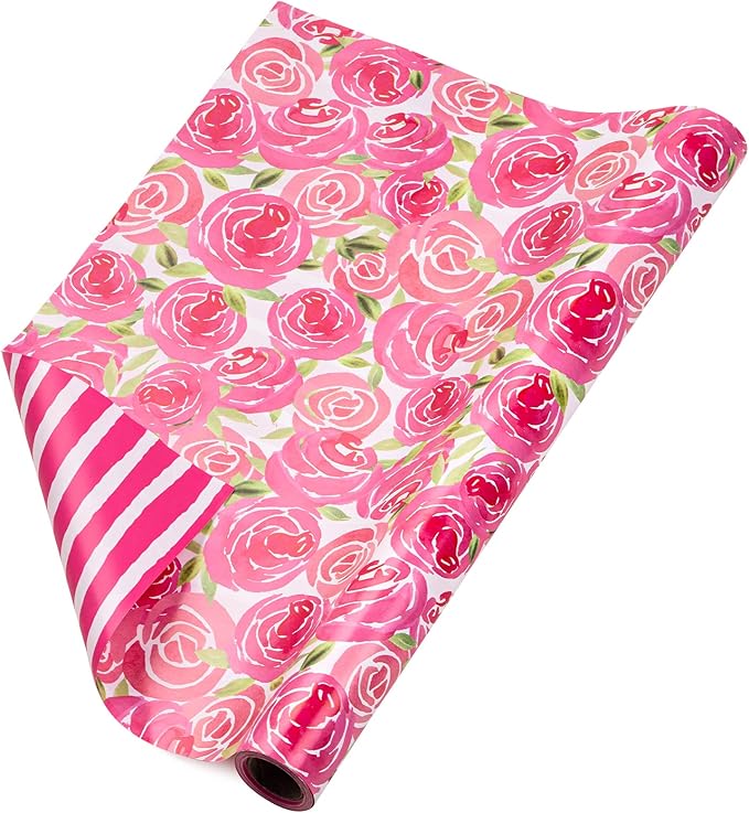 RUSPEPA Reversible Wrapping Paper Roll - Mini Roll - Watercolor Style Pink Rose and Stripe Pattern Great for Mother's Day, Birthday, Party, Wedding and More - 17 Inches X 32.8 Feet