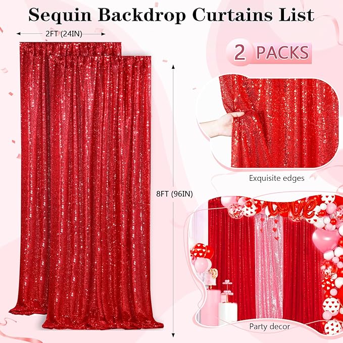 QueenDream Red Sequin Backdrop 2 Panels 2FTx8FT Christmas Party Backdrop Curtains Glitter Photo Background Wedding Stage Decorations