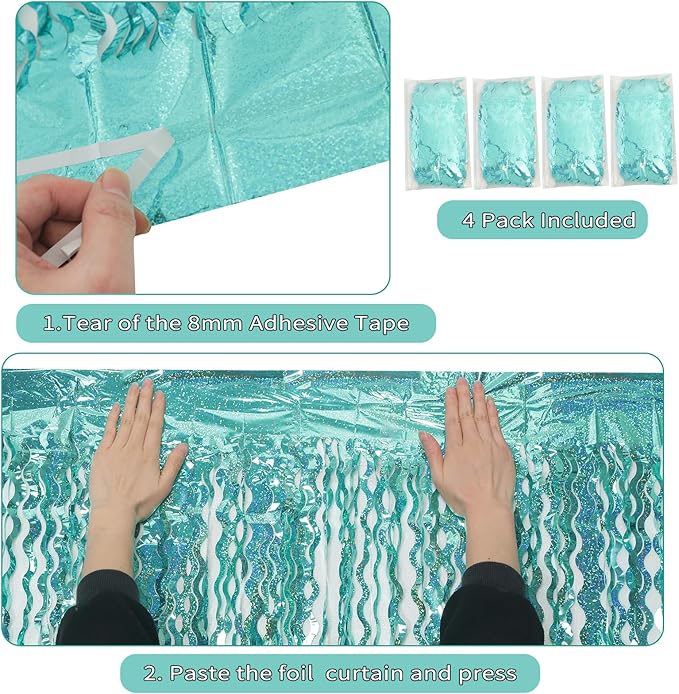 4 Pack 3.3 ft x 6.6 ft Wavy Sparkle Aqua Teal Blue Foil Curtain - Water Blue Foil Streamers for Holiday Bachelorette Ocean Themed Decor Winter Party Decorations Supplies