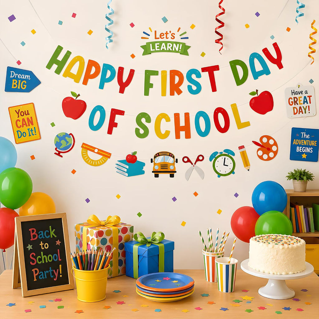Back to School Decorations - Happy First Day of School Banner Sign Decor for Indoor Outdoor | Back To School Garland Backdrop - Hanging Classroom Decor Party Favors Supplies