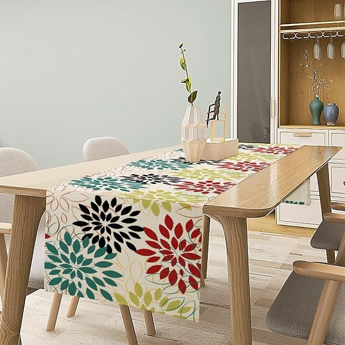 Abstract Red Dahlia Vintage Table Runner, Geometric Lines Mid Century Vintage Modern Colorful Table Runner for Party Kitchen Dining Living Room Laundry Room Decor, 13x36 Inch