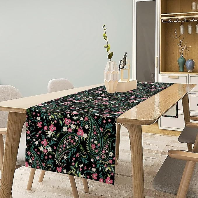 Paisley Table Runner, Abstract Vintage Boho Pink Paisley Flowers Green Teal Leaves Print Table Runner for Dinning Holiday Party Indoor Outdoor Decor, 13x36inch