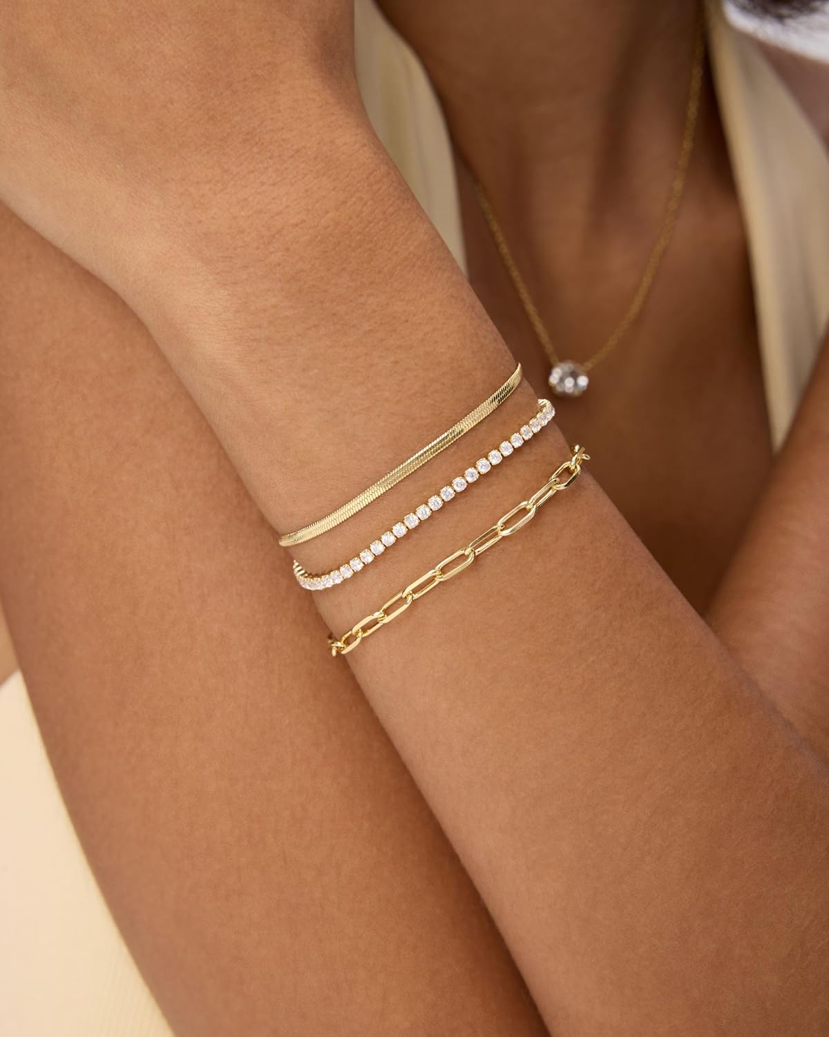 PAVOI Set of 3 Chain Bracelets for Women, 14K Gold Plated Dainty Bracelets