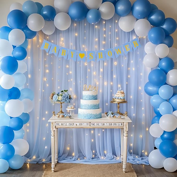 10ft x 10ft Baby Blue Chiffon Backdrop Curtain with Lights String for Parites Wedding Light Blue Curtains Photo Backdrop Drapes for Baby Shower Birthday Party Home Decorations