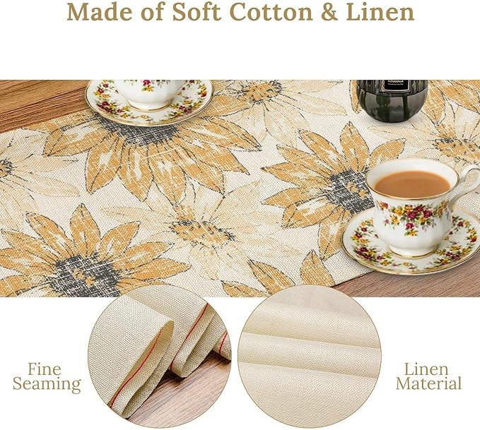 Chrysanthemum Vintage Floral Table Runner, Elegant Grunge Orange Sunflower Spring Summer Elegant Pattern Artichokes Flower Table Runner for Party Kitchen Dining Living Room Decor, 13x120 Inch
