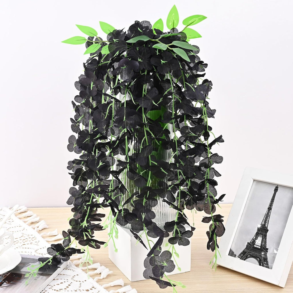 wisteria hanging flowers, black artificial flowers, close-up detail