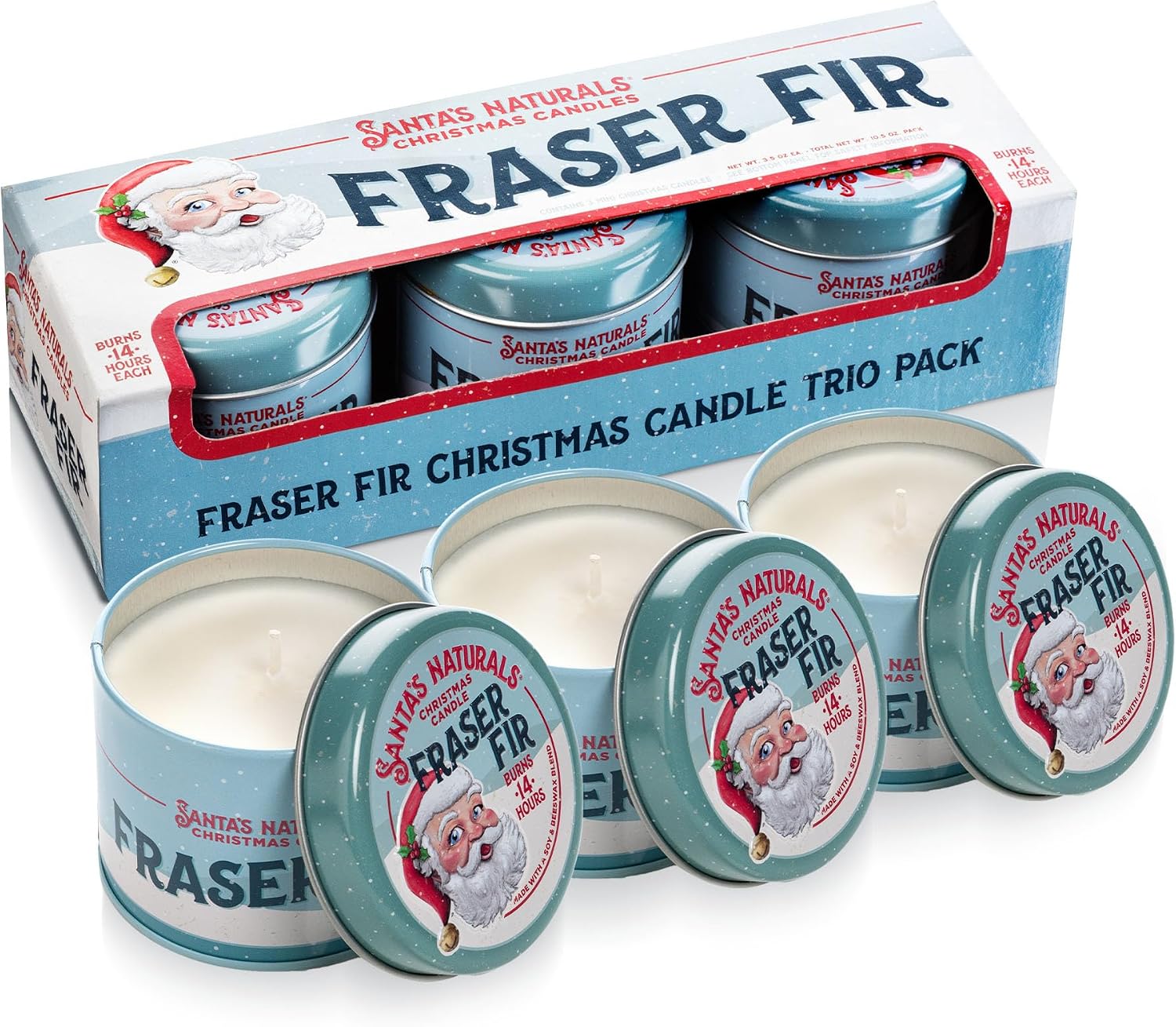 Santa's Naturals Fraser Fir Mini Christmas Candles, 3.5 oz (Pack of 3) | Soy & beeswax blend candles with fresh fir, cedar & cypress scent; up to 14-hour burn time each