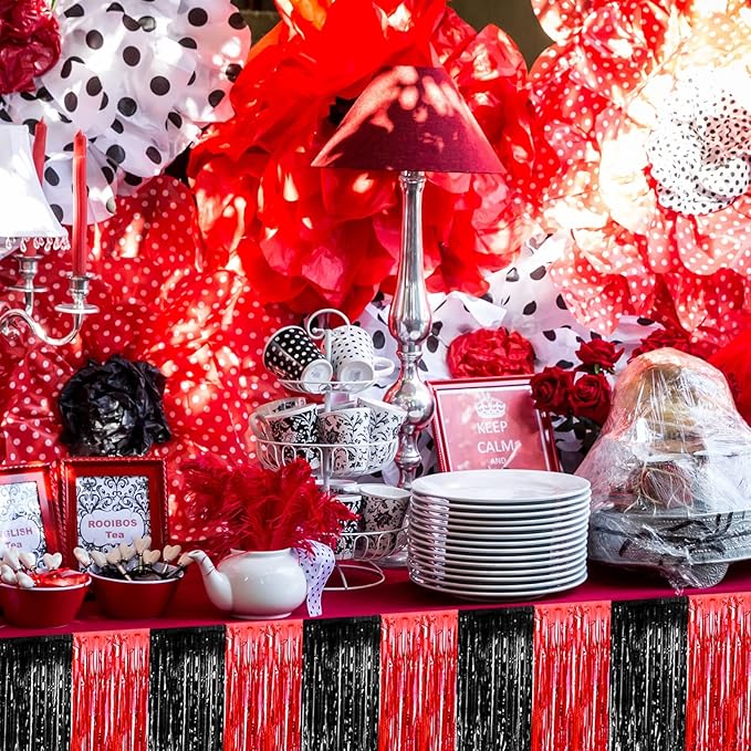 4 Pack 29x108 Inch Metallic Foil Fringe Tinsel Table Skirts for Rectangle Tables Streamer Backdrop for Wedding, Birthday, Parade Floats, Christmas, Halloween Party Decoration(Black Red)