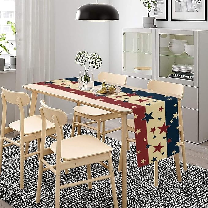 Memorial Day Table Runner, 4th of July American Patriotic Independence Day Stars Stripes Print Table Runne for Summer Holiday USA Home Decoration Party,13x108inch