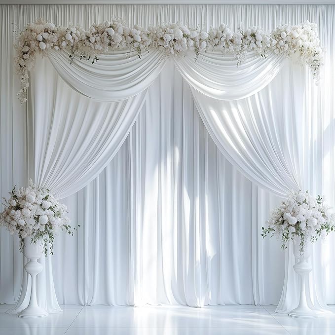 60ftx12ft Wrinkle Free White Backdrop Curtain, 12 Panels 12FT Height White Wedding Backdrop Drapes, Silky Polyester Back Drop Cloth for Birthday Photography Background Party Backdrop Draping