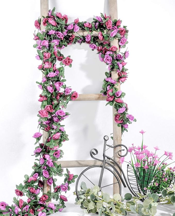 Miracliy 9Pcs 74FT Purple Flower Garland Artificial Rose Arch Vines Fake Spring Floral Garland for Flower Wall Backdrop Wedding Mothers Day Garden Tea Party Decoration