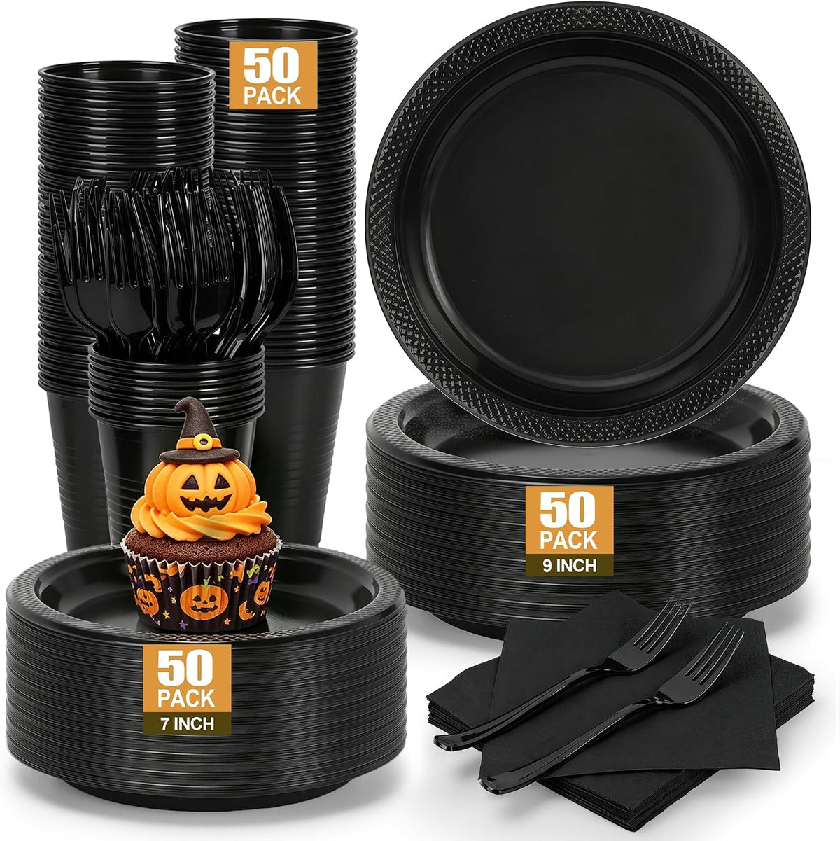 250pcs Disposable Black Plastic Plates and Napkins Party Supplies for Party