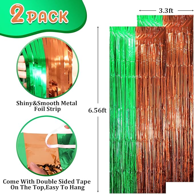 2 Pack Green and Brown Foil Fringe Backdrop Curtains, Tinsel Streamers Party Decorations, Fringe Backdrop, Door Shimmer for Super Bowl or Birthday Party