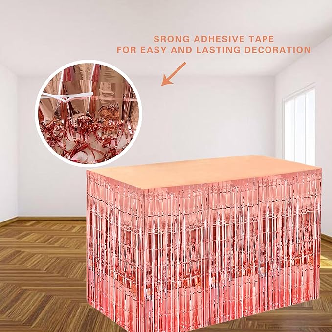 Rose Gold Streamers Party Decorations, 2 Packs Rose Gold Table Skirts Metallic Foil Fringe Tinsel for Bachelorette Birthday Wedding Graduation Float Parade Party Supplies - 29x108 Inch