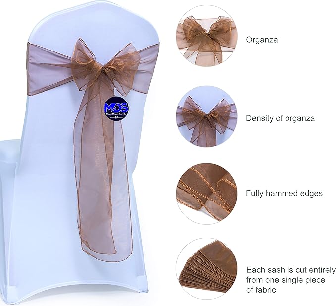 MDS Pack of 125 PCS Organza Chair Sashes Wider Dining Chair Bows Ribbon Tie Back for Wedding Party Birthday Bridal Shower Reception Event Banquet Home Chair Cover Decoration - Coffee