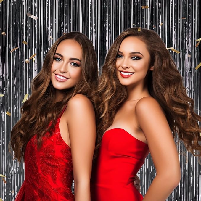 3 Pack Foil Fringe Backdrop - Laser Black Shiny Tinsel Curtains for Party Decoration/Photo Booth Props - 3.3x8.2 FT Metallic Foil Backdrop for Birthday, Wedding, Graduation, Christmas.