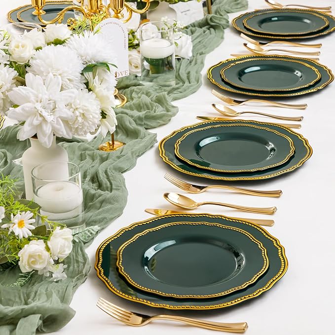 Hioasis 60pcs Green Plastic Plates - Green and Gold Disposable Dinnerware with Gold Rim, Heavy-duty, 10.25 inch, Dinner Plates for Party & Wedding