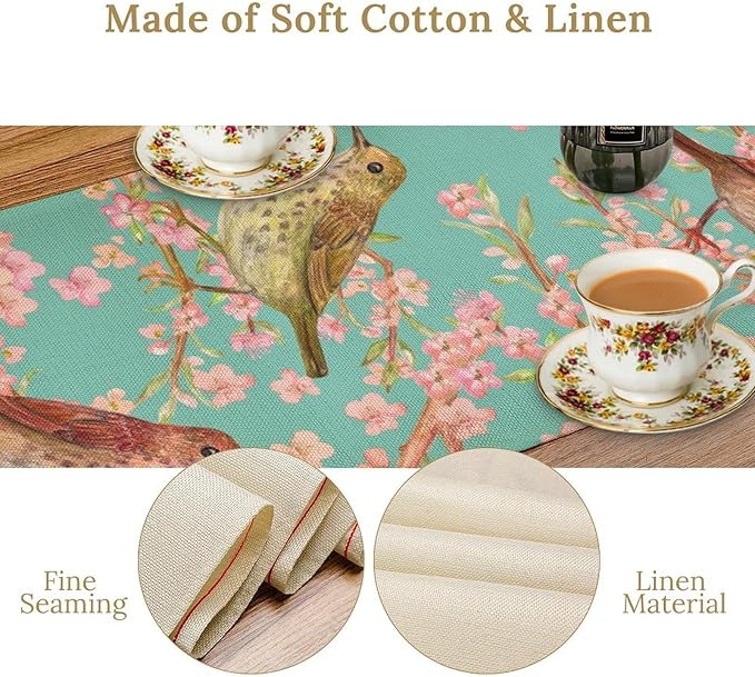 Table Runner with Flowers and Birds, Spring Plant Flowers Table Decoration Linen Table Runner Family Party Party Decorations 13x108 Inches