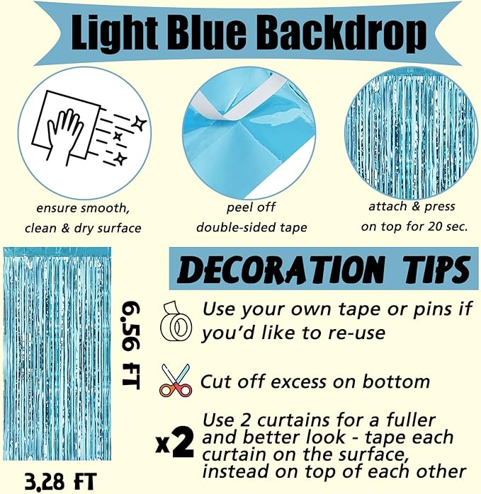 4 Pack Fringe Curtain Backdrop, 3.2Ft x 6.6Ft Light Blue Metallic Tinsel Foil Fringe Streamers Background for Photo Booth Birthday Wedding Baby Shower Easter Pool Ocean Underwater Party Decorations