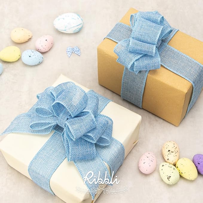 Ribbli Baby Blue Burlap Wired Ribbon,1-1/2” Inch x Continuous 10 Yard, Wired Edge Ribbon for Big Bow,Wreath,Baby Shower Decoration,Outdoor Decoration
