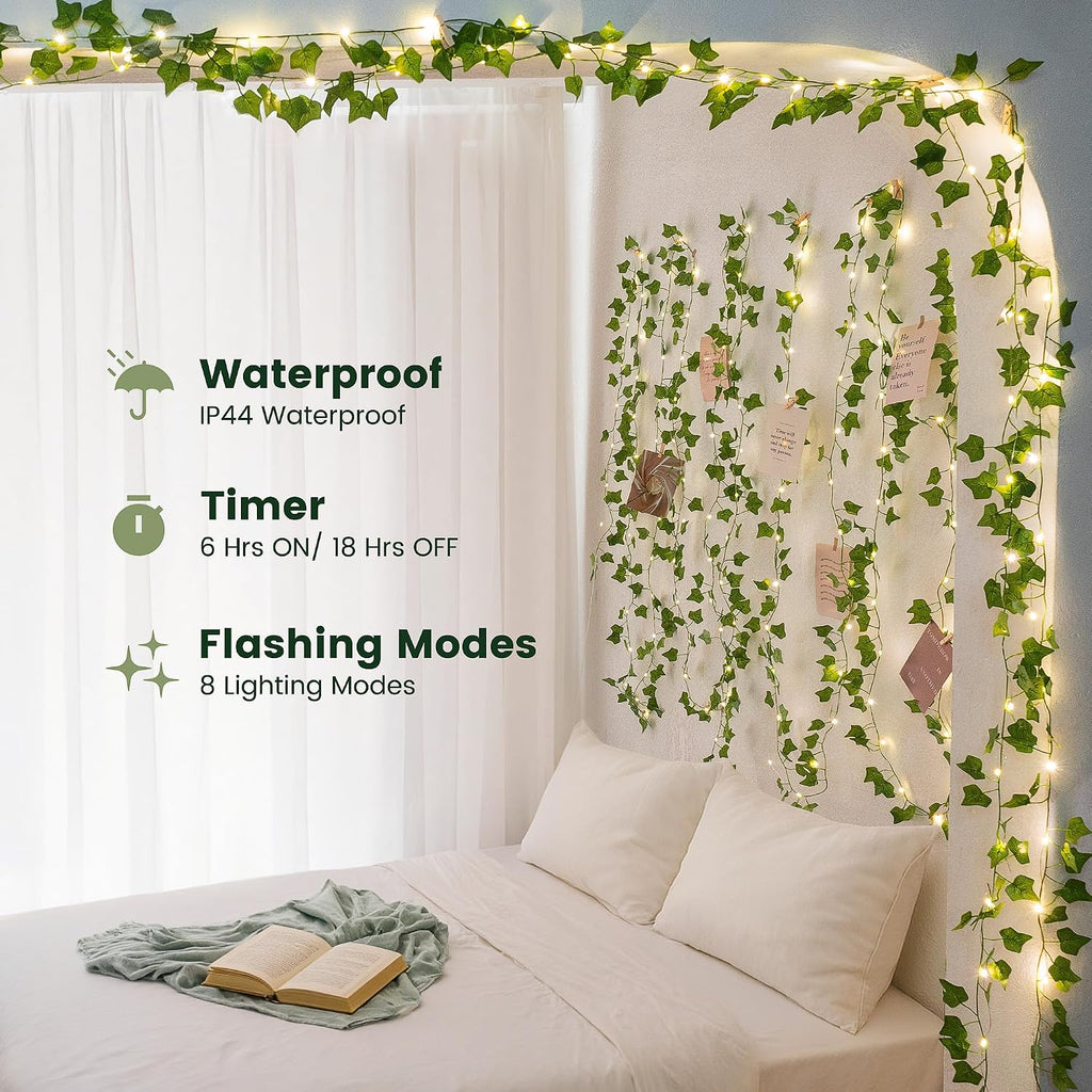 HEYFUNi 23ft Pre-Wrapped Ivy Vine Lights with 73 LEDs, USB or Battery Operated Artificial Greenery Garland for Bedroom Aesthetic, Dorm Room, Wedding Backdrop, Boho Wall Decor, Warm White