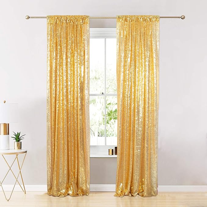 ShinyBeauty Gold and Black Backdrop 2FTx8FT Sequin-Backdrop 4Pieces Photograph Backdrops Sparkle Curtain Panels Black Sequin Curtains Glitter Background for Wedding/Graduation Halloween Decor