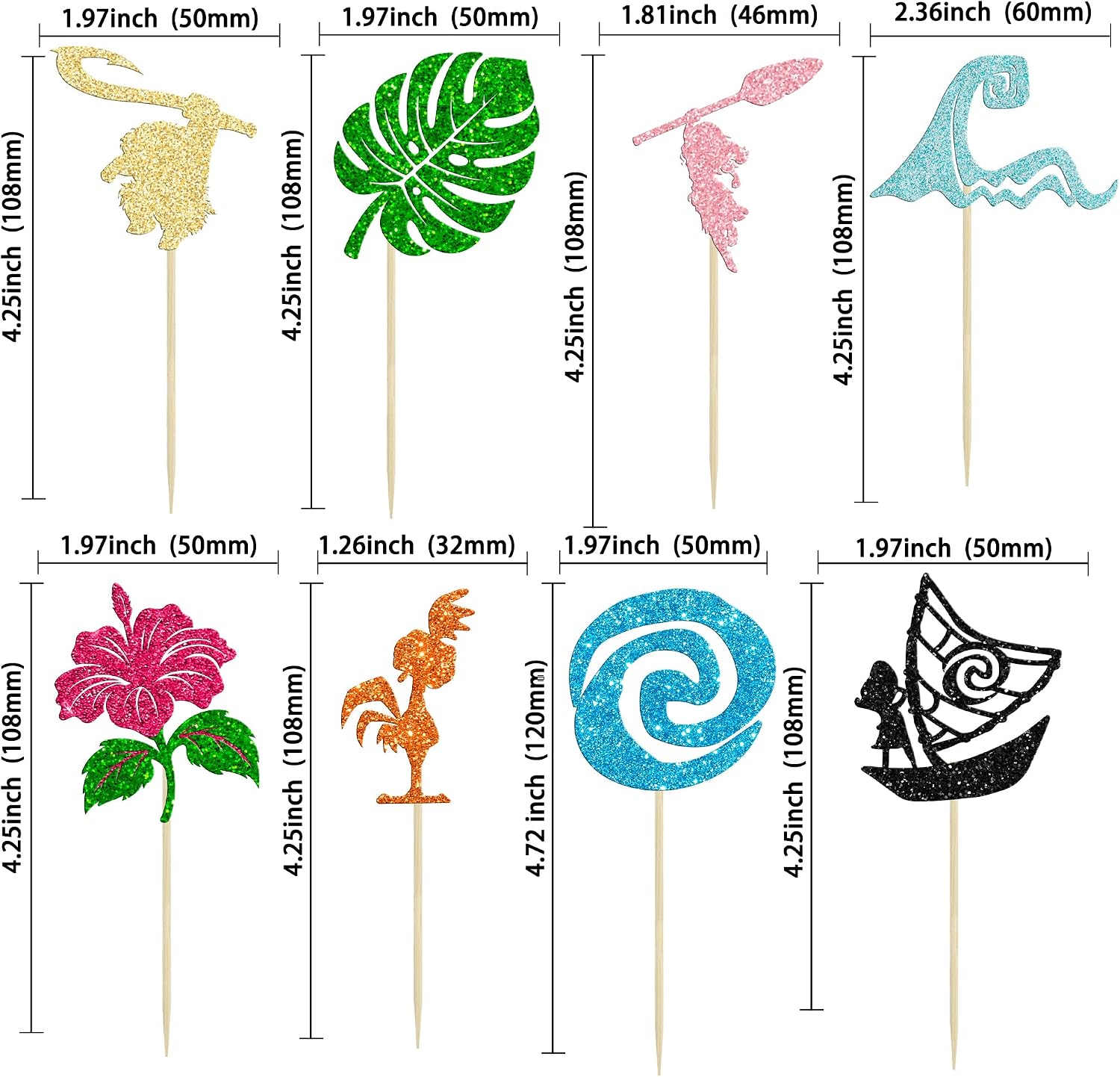 Ephlyn 32Pcs Moa Inspired Cupcake Toppers Glitter Palm Leaf Flower Cupcake Picks Tropical Hawaiian Luau Theme Cake Decorations for Baby Shower Birthday Party Cake Supplies Multi